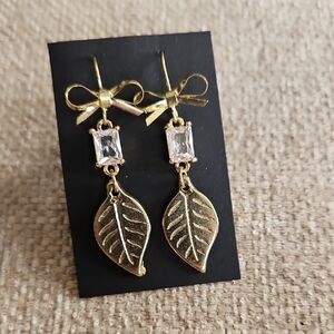 Gold Leaf Drop Earrings with Bow Accent